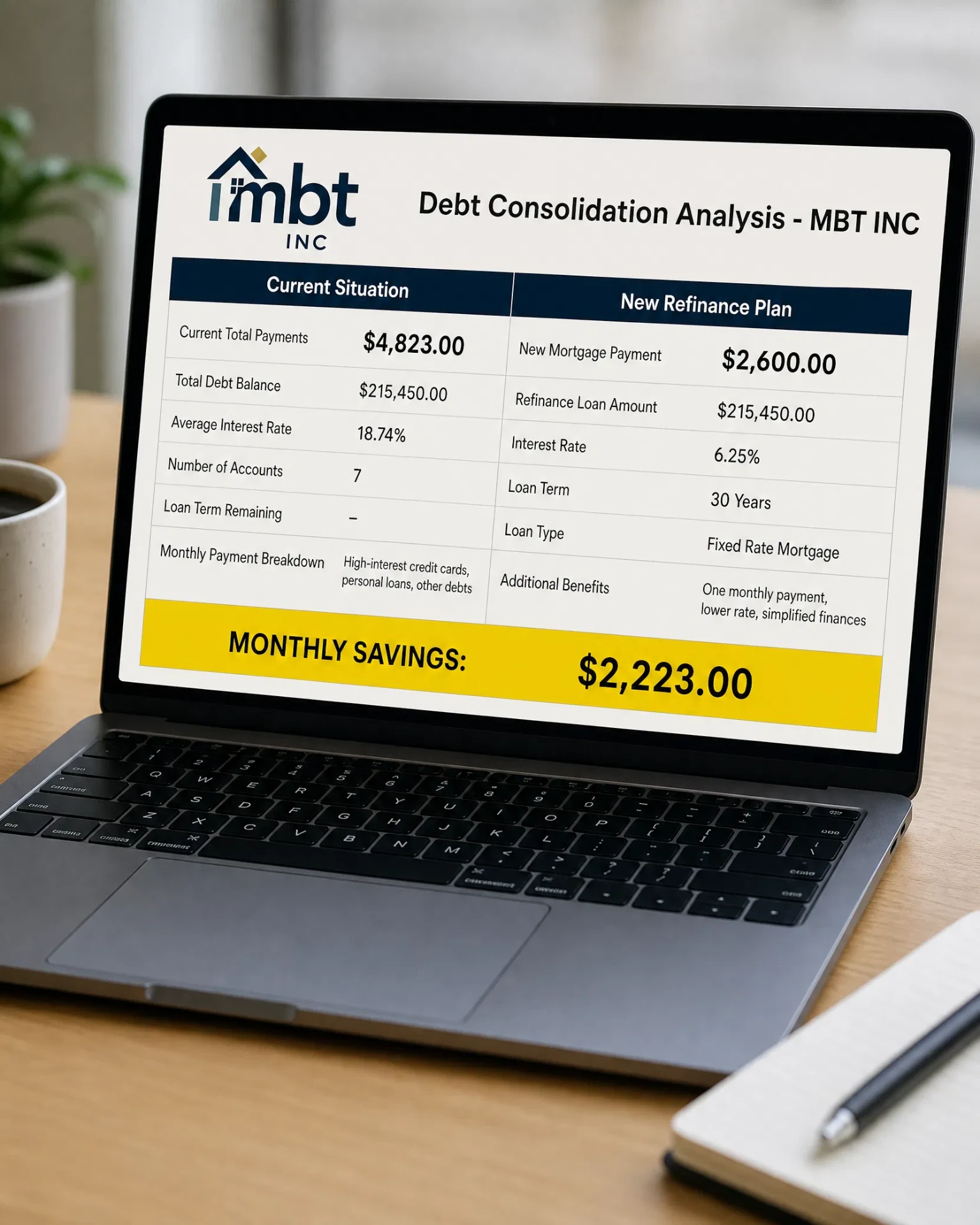 Debt consolidation analysis comparing current total payments of $4,823 at 18.74% against a new $2,600 mortgage payment, showing $2,223 in monthly savings