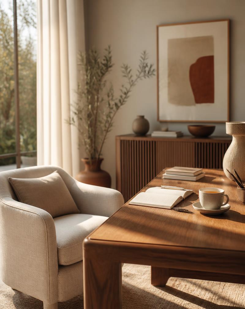 A calm, sunlit desk with mortgage paperwork, a notebook and reading glasses