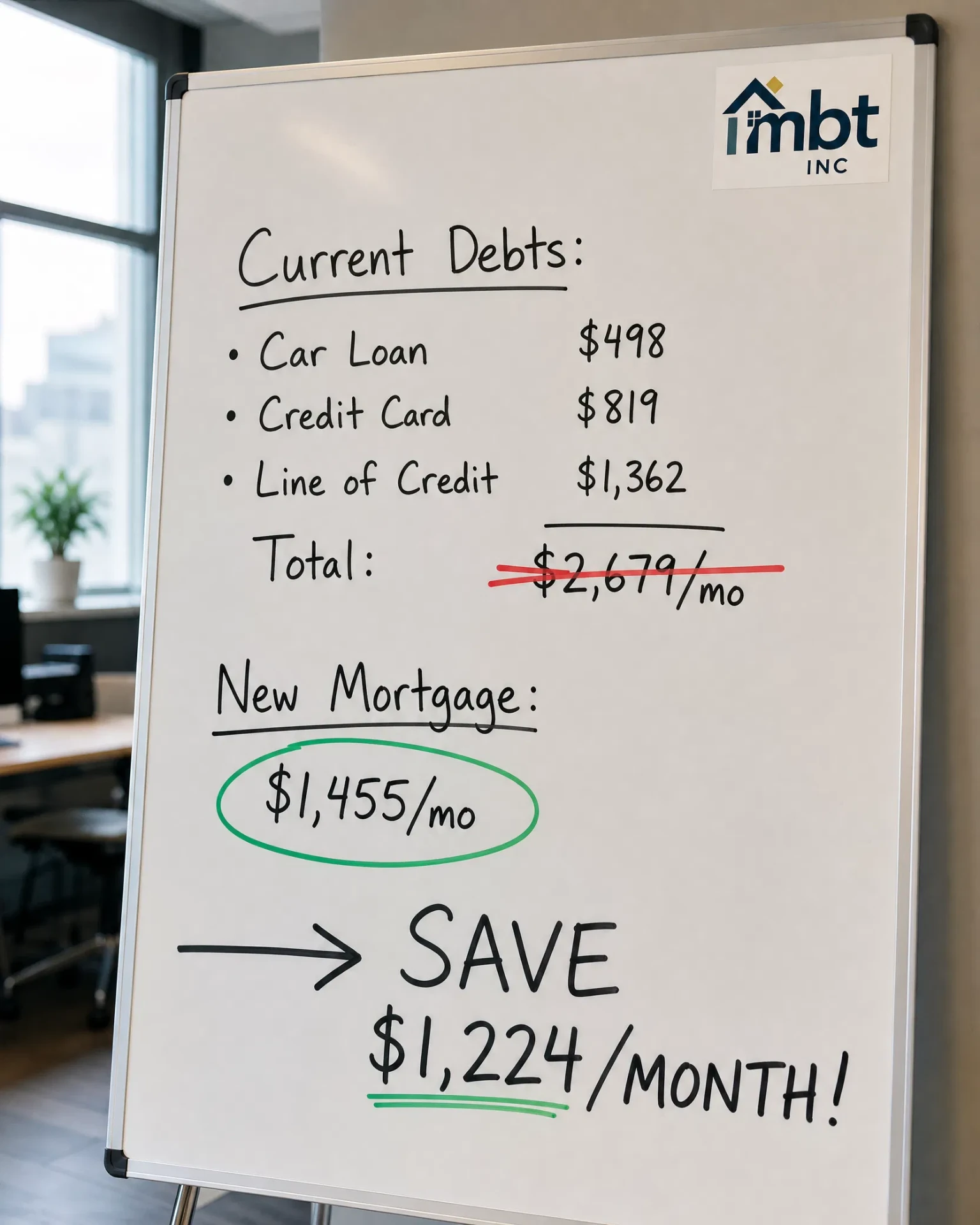 Whiteboard listing a car loan, credit card and line of credit totalling $2,679 per month, replaced by a $1,455 mortgage payment for $1,224 in monthly savings