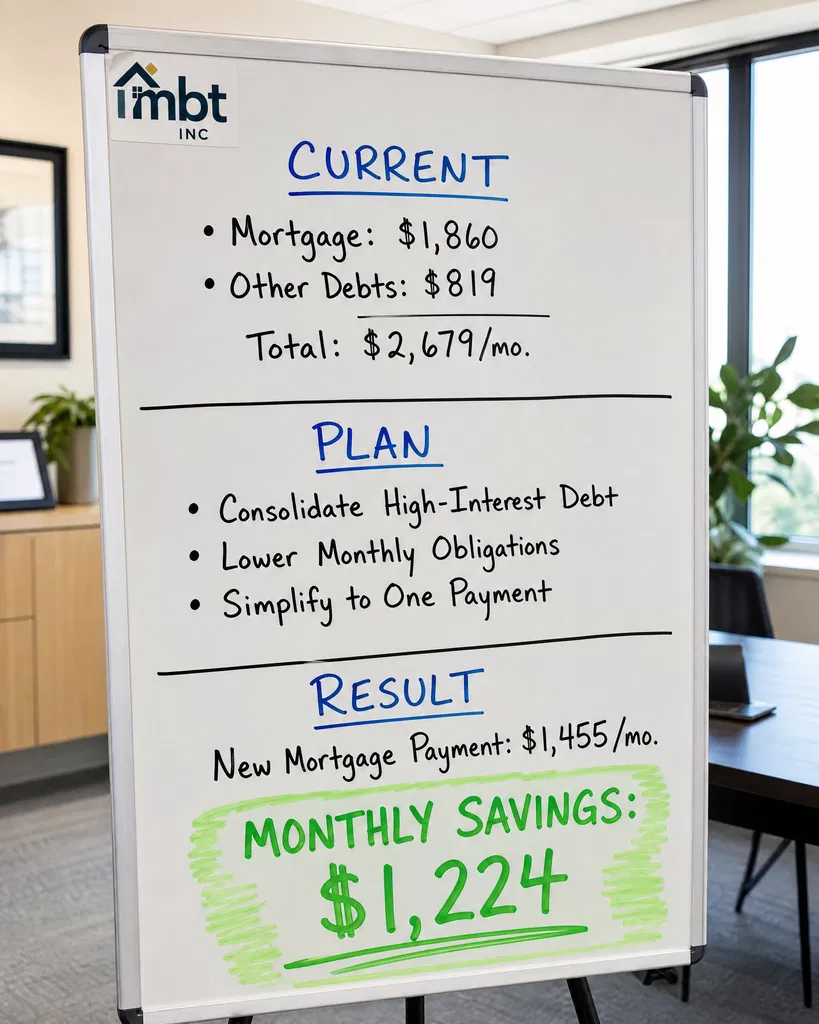 Whiteboard split into Current, Plan and Result showing $1,224 in monthly savings after consolidating debt into a new mortgage